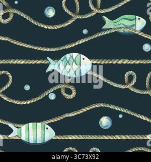 Cordes ondulées avec des poissons nageurs et des bulles dispersées sur fond marine. Illustration aquarelle peinte à la main. Modèle sans couture pour l'emballage Banque D'Images