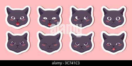 Mignons visages de chat avec des émotions différentes. Autocollants avec emoji chat. Ensemble d'autocollants avec des personnages Kitty. Illustration vectorielle. Illustration de Vecteur