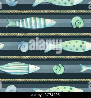 Cette illustration aquarelle peinte à la main sans couture présente des poissons ludiques et des coquillages en spirale entre des cordes horizontales sur un fond de mer profonde Banque D'Images