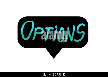 Bulle noire avec le texte Options écrit en vert. Flèche vers le bas. Icône. Illustration. Internet Banque D'Images
