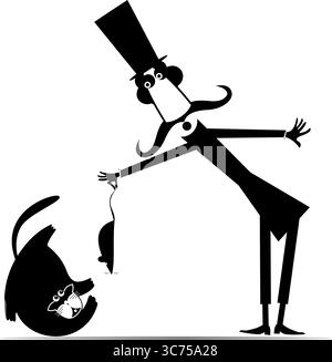 L'homme dans le chapeau haut de gamme tient un rat ou une souris près d'un chat. Dessin animé gentleman dans le chapeau haut de gamme tient rat ou souris par queue au-dessus de la tête du chat Illustration de Vecteur