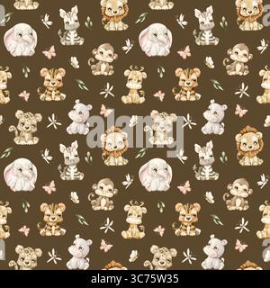 Animaux tropicaux mignons insecte et feuilles aquarelle peint à la main motif sans couture d'été sur fond brun foncé girafe Banque D'Images