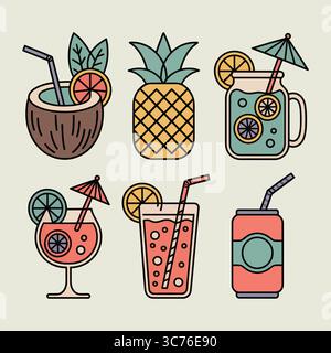 Cocktails tropicaux : icônes de boisson d'été et éléments de design d'ananas Illustration de Vecteur