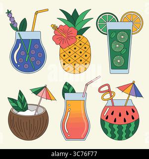 Cocktails d'été : boissons tropicales et boissons rafraîchissantes, avec une collection de cocktails d'été, y compris des boissons fruitées servies dans divers glasse Illustration de Vecteur