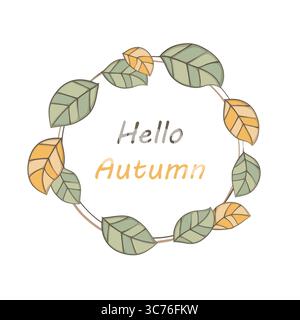 Feuille d'automne cadre dessiné à la main fantaisiste, style de dessin animé doodle, trait de pinceau, couleur vert jaune blanc, élément circulaire, bordure tendance pour Illustration de Vecteur