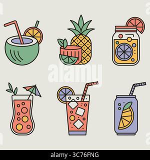 Boissons tropicales d'été : ananas, noix de coco et cocktails rafraîchissants Illustration de Vecteur