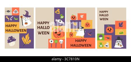 Cartes d'halloween ludiques avec fantômes, citrouilles et motifs de bonbons effrayants. Illustration de Vecteur