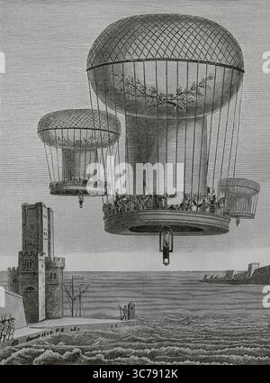 France. La Thilorière, ou descente de ballons militaires en Angleterre. Projet de l'avocat français Jean-Charles Thilorier (1755-1818) pour la construction d'un énorme ballon Montgolfier, capable de transporter 3 000 hommes pour un coût de 300 000 francs. Gravure, 1804. Directoire, Consulat et Empire. Moeurs et usages, lettres, sciences et arts. France, 1795-1815' (Annuaire, Consulat et Empire de France. Coutumes et traditions, lettres, sciences et art. France, 1795-1815), de Paul Lacroix. Publié à Paris, 1884. Banque D'Images