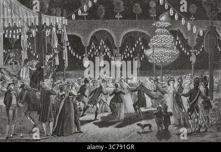 'Ici l'on danse ?' (Dansons-nous ici ?). Bal du Bastille Day. Danse publique sur les ruines de la Bastille Saint-Antoine à Paris, France, dans la soirée du 14 juillet 1790. Les Français célébraient le premier anniversaire de la prise de la Bastille. Illustration de Swebach-Desfontaines (1769-1823). Gravure de Lecoeur (fl. 1784-1825). Directoire, Consulat et Empire. Moeurs et usages, lettres, sciences et arts. France, 1795-1815' (Annuaire, Consulat et Empire de France. Coutumes et traditions, lettres, sciences et art. France, 1795-1815), de Paul Lacroix. Publié à Paris, 1884. Aut Banque D'Images