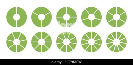 Division du cercle infographique sur de 2 à 11 parties égales. Ensemble de diagrammes verts divisés de roue avec deux, trois, quatre, cinq, six, sept, huit Illustration de Vecteur