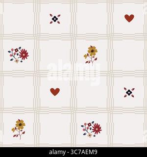 Cuisine rustique Meadow Flowers et coeurs filet damier Vector Seamless Pattern. Imprimé fleurs de jardin Cottagecore Illustration de Vecteur