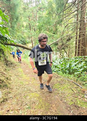 Les participants qui courent et font de la randonnée à travers des sentiers forestiers luxuriants et des rues historiques de la ville lors de l’événement Trail Real Priolo sur l’île de São Miguel, aux Açores, Banque D'Images