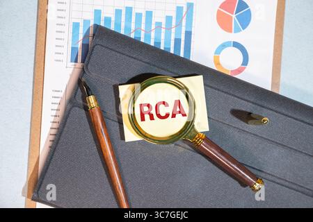 Acronyme RCA - Root cause Analysis. Image conceptuelle d'affaires avec ligne de peinture jaune sur la route sur fond de pierre d'asphalte. Banque D'Images