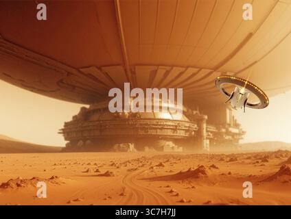 Illustration d'un drone volant dans un complexe industriel sur mars. Banque D'Images