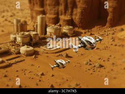 Illustration de drones volant dans un complexe industriel sur mars. Banque D'Images