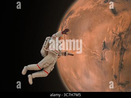 Illustration d'un espace astronaute marchant sur l'orbite de mars. Banque D'Images