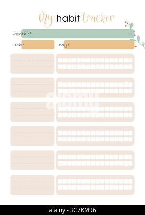 Modèle minimal de suivi des habitudes. Page du planificateur de routine quotidienne en couleurs pastel. Mise en page imprimable pour la productivité et l'auto-entretien. Illustration de Vecteur