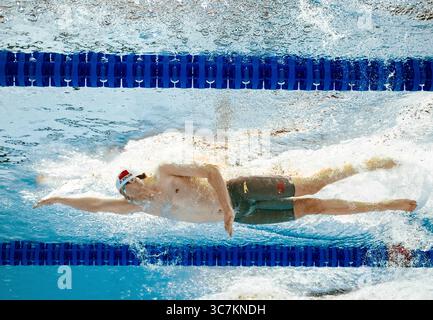 Singapour. 1er août 2025. Ji Xinjie, de l'équipe Chine, participe à la finale masculine du relais 4x200m nage libre aux Championnats du monde de natation à Singapour, le 1er août 2025. Crédit : Luo Yuan/Xinhua/Alamy Live News Banque D'Images