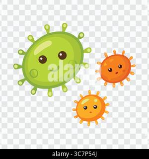 Personnages mignons de Cartoon virus en vert, orange et jaune sur fond transparent pour les conceptions éducatives et de santé Illustration de Vecteur