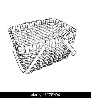 Panier en osier fait de vignes avec une poignée, croquis noir et blanc. Illustration vectorielle. Le panier classique pour la cueillette des champignons et la récolte d'automne est Illustration de Vecteur