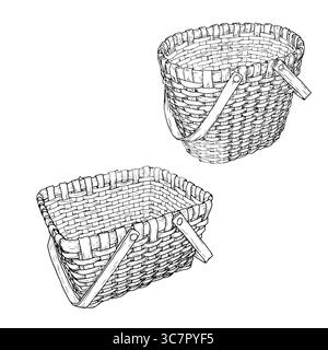 Un panier en osier fait de vignes avec une poignée, un ensemble de silhouettes noires et blanches. Illustration vectorielle. Esquisse un panier pour la cueillette des champignons et Illustration de Vecteur