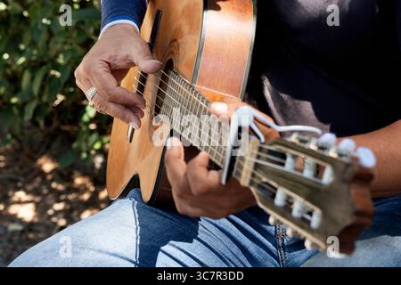 Gros plan détaillé des mains d'un guitariste jouant habilement des accords sur une guitare acoustique classique avec un Capo. Concentrez-vous sur les cordes, les touches et les musici Banque D'Images