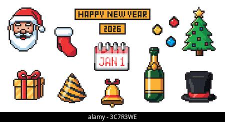 Icônes de Noël et du nouvel an définies dans la conception d'art pixel Illustration de Vecteur