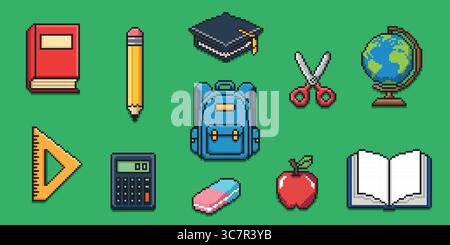 Ensemble d'icônes de fournitures scolaires dans le style pixel art, objets, 8 bits, sur fond vert. Illustration de Vecteur