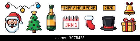 Icônes de Noël et du nouvel an définies dans la conception d'art pixel Illustration de Vecteur