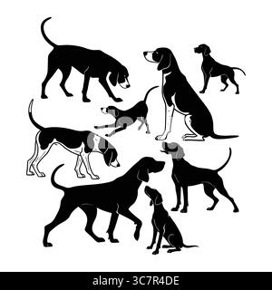 Ensemble de chiens Coonhound américains silhouettés dans différentes poses et styles Illustration de Vecteur
