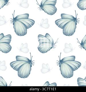 Motif sans couture avec des papillons délicats à l'aquarelle blanche. Design doux et aéré, parfait pour les textiles de bébé Banque D'Images