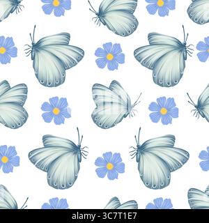 Modèle sans couture avec des papillons blancs délicats et des fleurs bleues douces dans le style aquarelle. Design doux et romantique parfait pour le printemps, bébé textil Banque D'Images