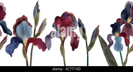 Bordure aquarelle sans couture avec fleurs d'iris stylisées dans les tons bleu et Bordeaux sur un fond blanc. Élégant et artistique, parfait pour textil Banque D'Images