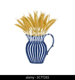 Illustration aquarelle d'un bouquet de tiges de blé doré dans un vase en céramique bleu et blanc sur fond blanc. Rustique et chaleureux, parfait pour autum Banque D'Images