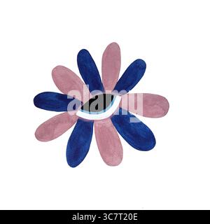 Illustration aquarelle d'une fleur stylisée avec des pétales bleu vif et rose poussiéreux, avec un oeil au centre. Définir sur un fond blanc Banque D'Images