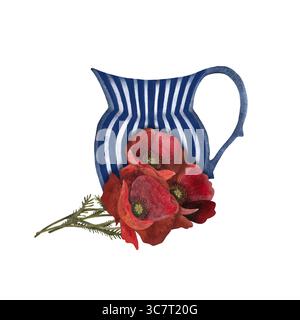 Illustration aquarelle d'un bouquet de coquelicots rouges couché devant un vase en céramique bleu et blanc sur un fond blanc. Rustique et charmant, parfait Banque D'Images