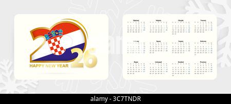 Calendrier horizontal de poche 2026 en langue croate. Nouvel an 2026 icône avec drapeau de la Croatie. Calendrier vectoriel. Illustration de Vecteur
