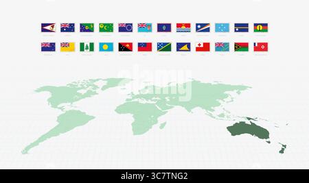Drapeaux nationaux des pays océaniens, drapeau postal. Drapeaux océaniens avec carte du monde. Illustration Vetor. Illustration de Vecteur