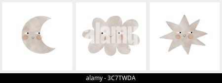 Nuage souriant moelleux, Funny Crescent Moon et étoile ludique sur fond blanc. Simple Nursery Art. Décoration de chambre d'enfants. Couleurs neutres de genre. Illustration de Vecteur
