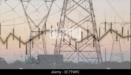 Montrant la tour centrale transportant des lignes à haute tension près du hangar au crépuscule avec le graphique linéaire superposé, la grille Banque D'Images