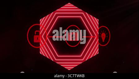 Affichage de l'hexagone rouge néon avec icône de caméra sur l'affichage virtuel, avec cadenas et icônes d'ampoule Banque D'Images