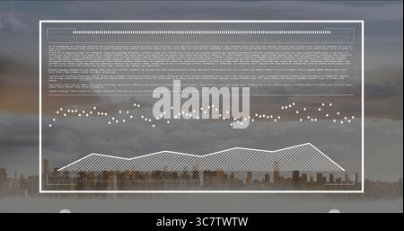 Superposition blanche flottante montrant l'en-tête au-dessus de l'horizon de la ville brumeuse traçant une ligne pointillée et une polyligne rayée Banque D'Images