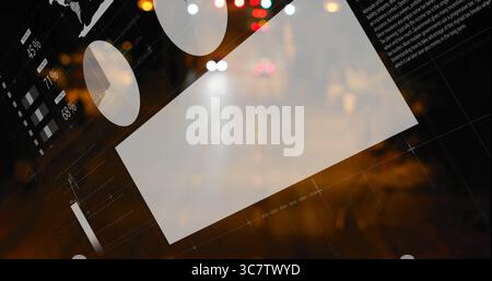 Affichage du panneau blanc incliné avec des graphiques et des barres de pourcentage sur la rue de nuit avec la silhouette de la carte Banque D'Images