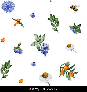 Motif aquarelle sans couture avec des myrtilles, argousier, chrysanthème, fleurs de camomille, feuilles vertes, et des abeilles sur fond blanc. Parfait pour les textiles, les papiers peints et la conception d'emballage Banque D'Images