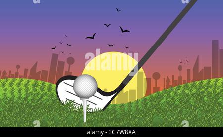 Club de golf se préparant à frapper la balle sur le terrain de golf au coucher du soleil avec la ville en arrière-plan Illustration de Vecteur