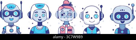 Mignon Chatbot visage, robot, ai Assistant virtuel, BOT Girl Set. Icônes d'interface. Dessin manuel vectoriel. Personnage Avatar isolé pour le support technique Illustration de Vecteur