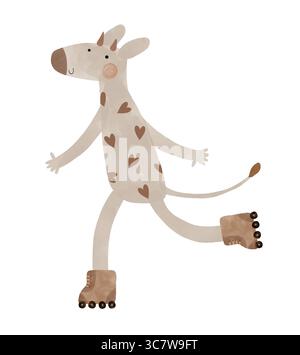 Illustration vectorielle dessinée à la main avec Happy Cow on Rolls. Vache heureuse avec des taches de forme de coeur sur Un fond blanc. Drôle d'art pour Skateroller Lover Illustration de Vecteur
