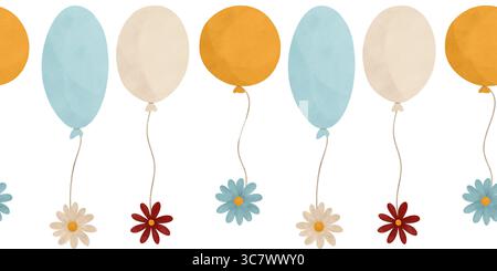 Bordure répétée sans couture avec des ballons, des fleurs simples, composition d'aquarelle, dans les couleurs d'automne. Pour une décoration d'appartement festive dans des tons pastel Banque D'Images