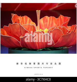 Pékin, Chine. 2 août 2025. La photo prise le 2 août 2025 montre le flambeau des 15e Jeux nationaux et 12e Jeux paralympiques nationaux de la Chine, ainsi que les 9e Jeux olympiques spéciaux nationaux à Shenzhen, dans la province du Guangdong du sud de la Chine. Crédit : Liang Xu/Xinhua/Alamy Live News Banque D'Images