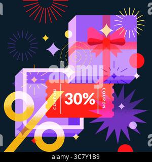 Illustration de vue de dessus de vecteur de boîte cadeau ouverte avec coupon de réduction. Éléments de conception géométriques plats à vendre, promotion, carte de voeux, bannière. Parfait Illustration de Vecteur